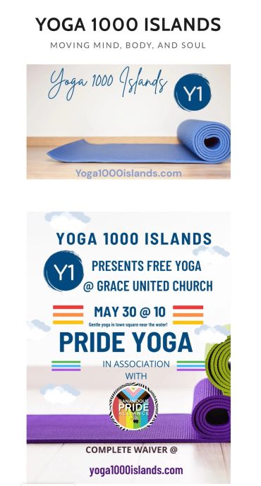 Flyer for Yoga 1000 Islands promoting free Pride Yoga at Grace United Church with colorful yoga mats.