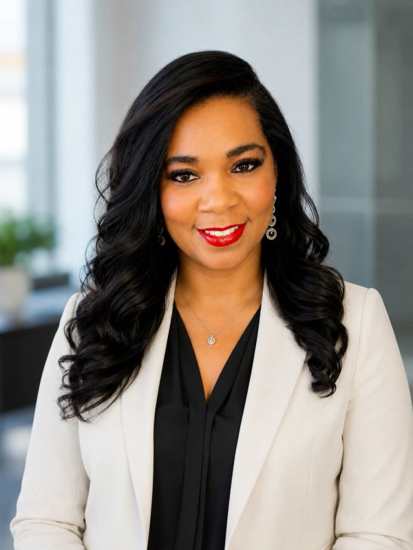 Professional woman with long black hair in a white blazer and black blouse.
