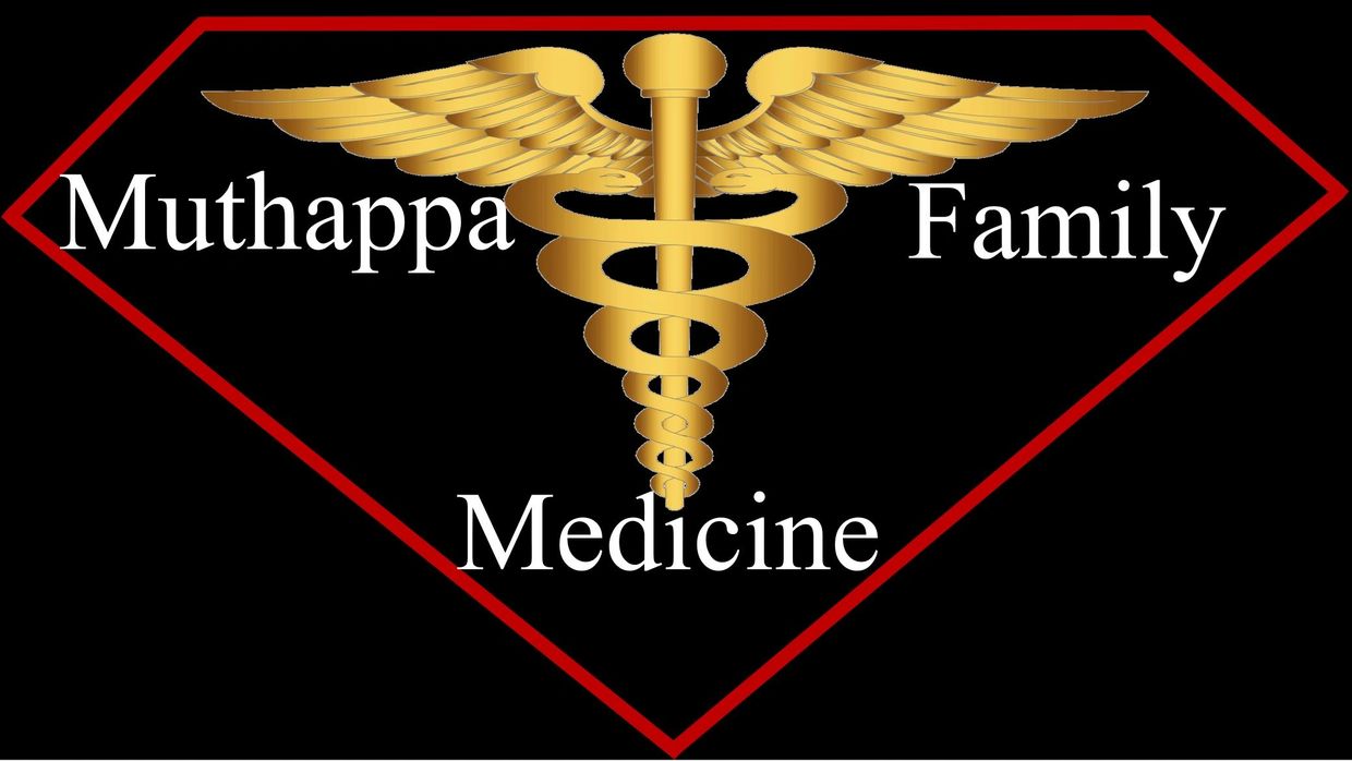 Gold medical caduceus with 'Muthappa Family Medicine' text inside a red-outlined shield.