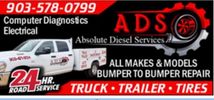Absolute Diesel Services offers 24-hour truck, trailer, and tire repairs with computer diagnostics and electrical services.