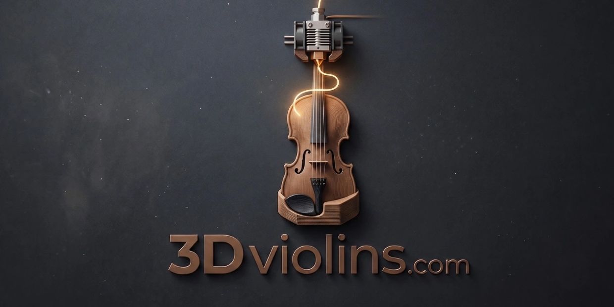 3D violin model being printed with glowing filament and 3Dviolins.com text.
