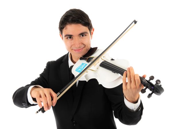 Founder Caleb Van Brunt playing a white violin.