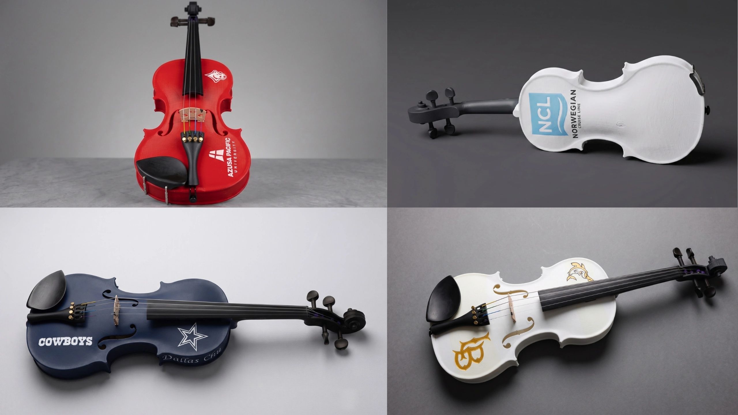 Four violins 3D printed with different logos and colors representing organizations.