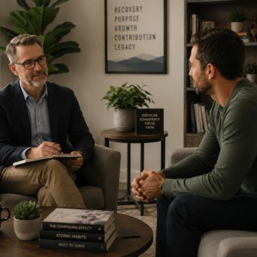 Two men engaged in a serious therapy session in a cozy office setting.