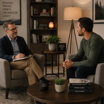 A therapy session with two men engaged in conversation in a cozy room.