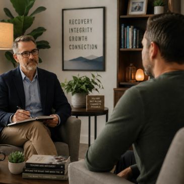 Therapist listening attentively to a male patient in a cozy office.