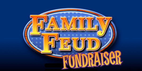 Logo of Family Feud Fundraiser in bright colors on blue.