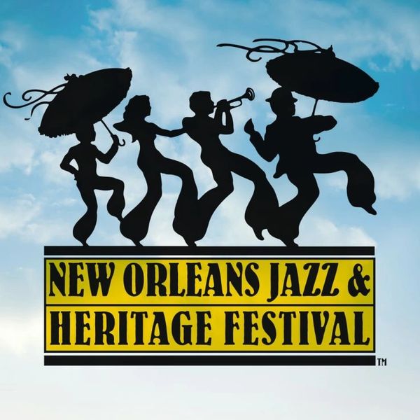 Silhouettes of jazz musicians with umbrellas for New Orleans Jazz &amp; Heritage Festival.