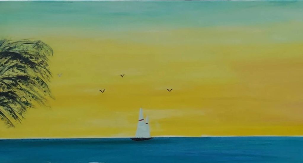 Painting of a sailboat on calm water at sunset with birds and a tree.