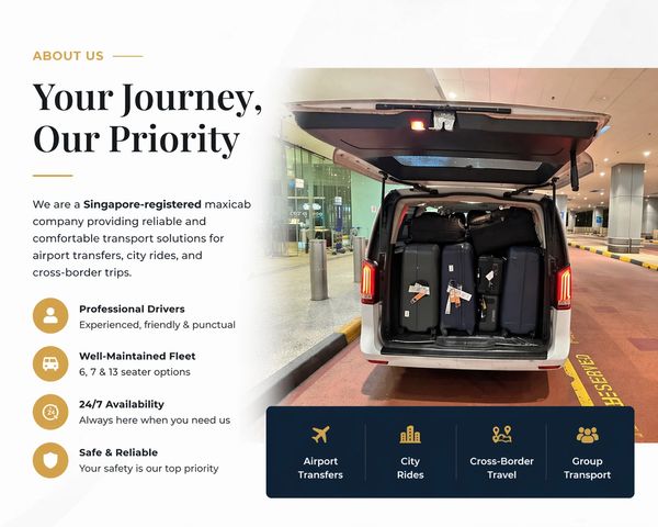Singapore maxicab service offering reliable airport, city, and cross-border transport with professional drivers and 24/7 availability.