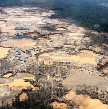 Aerial view of deforested land with large pits and sparse trees.