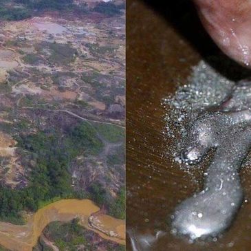 Deforestation and pollution from mining activities in a forested area.