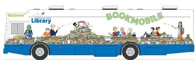 Bozeman Public Library's Bookmobile, a blue and white bus with colorful library themed graphics.