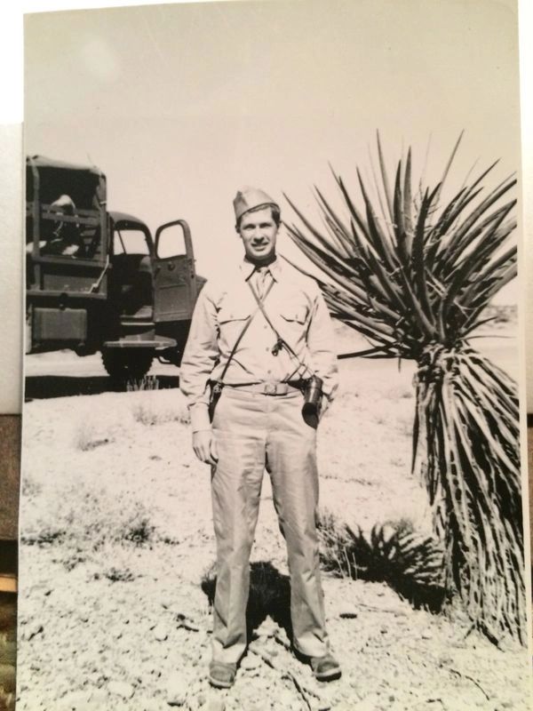 Soldier standing in desert landscape.
