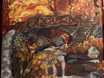 a painting of a bridge in the woods in autumn fall with a waterfall