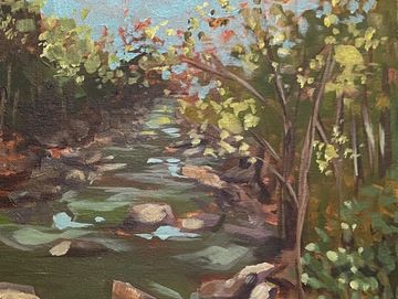 A painting of a river with rocks and trees