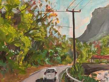 a painting of a road through the mountains with a powerline and a car