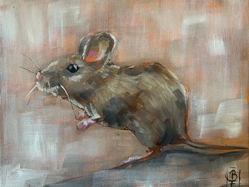 A painting of a small gray mouse by Brittany Freeman