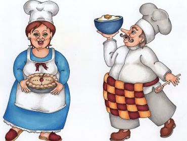 Cartoon chefs holding food, a woman with a pie and a man with a bowl.