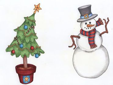 Illustration of a decorated Christmas tree and a snowman with a hat and scarf.