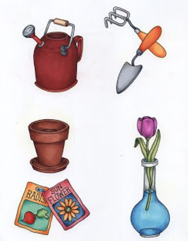 Illustration of gardening tools, seeds, a pot, and a flower in a vase.