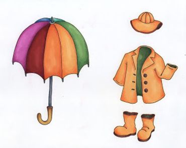 Illustration of colorful umbrella and raincoat set with hat and boots.