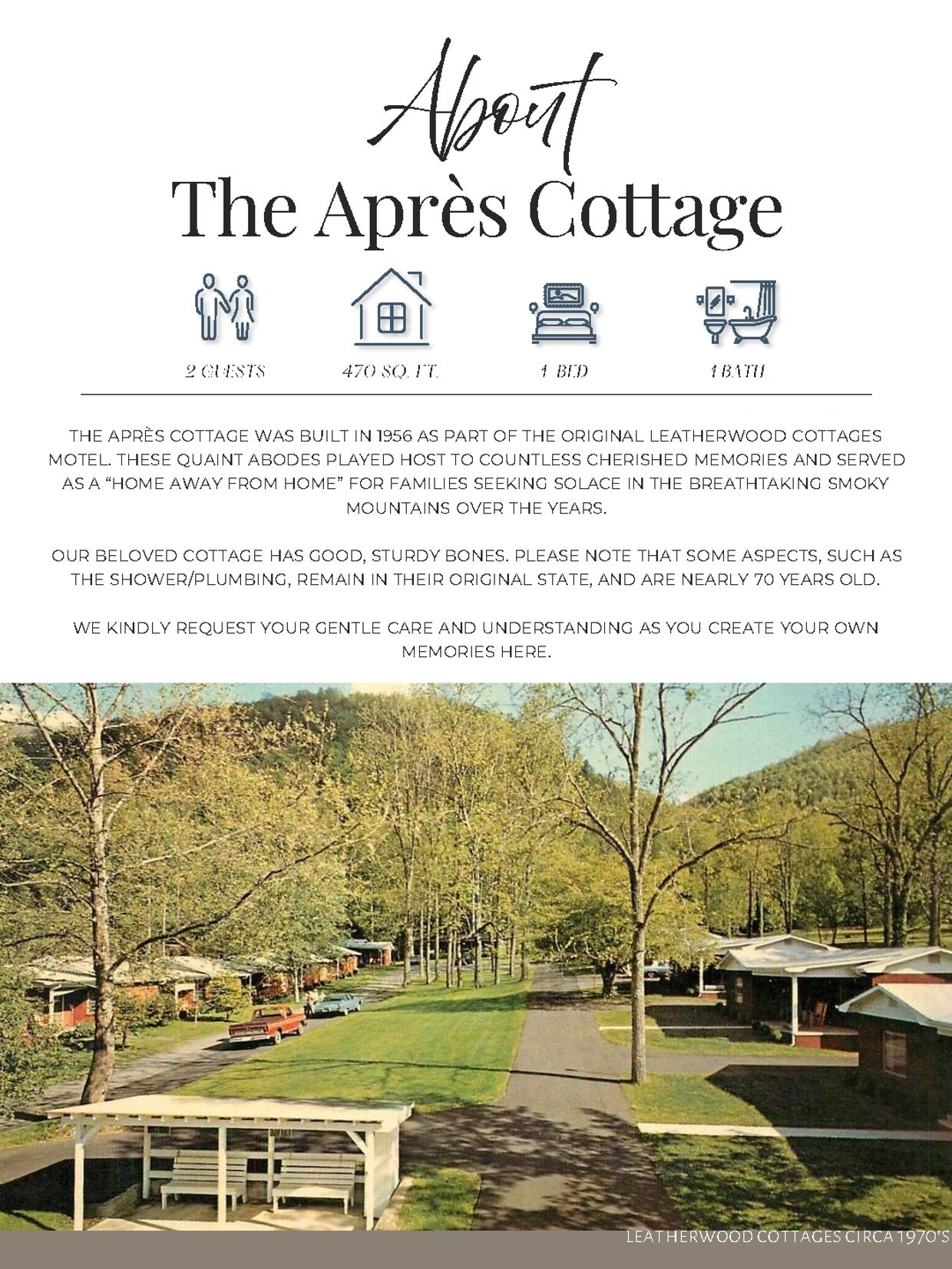 The Après Cottage, built in 1956, offers cozy lodging for 2 guests with 1 bed and 1 bath in a serene mountain setting.