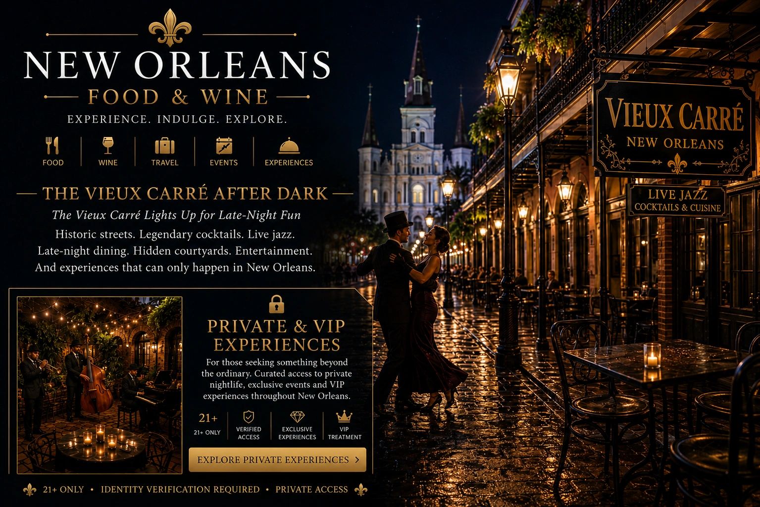 Vieux Carré at night with live jazz and New Orleans nightlife.