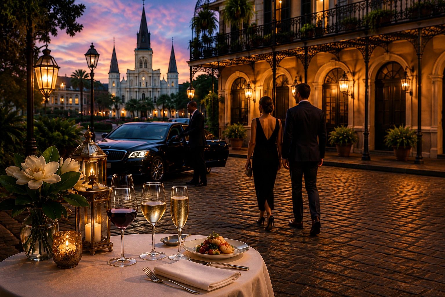Elegant evening scene with a couple, luxury car, and romantic table setting.