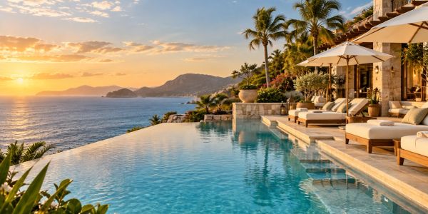 Luxury infinity pool overlooking the ocean at sunset.