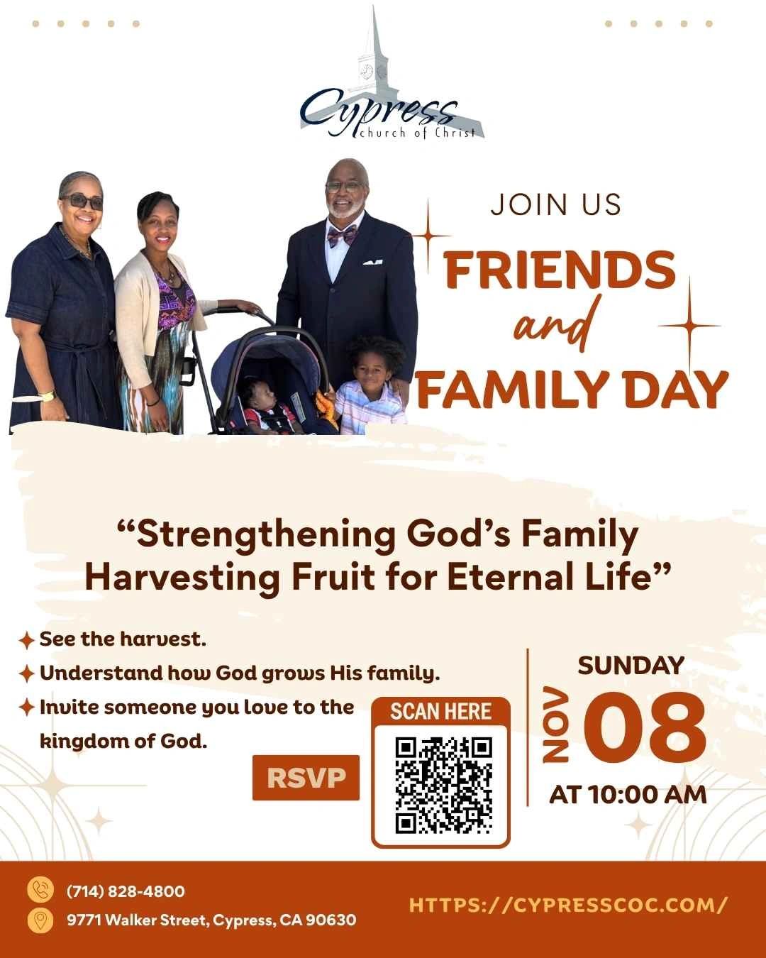Flyer for Friends and Family Day at Cypress Church of Christ on Nov 8 at 10 AM.