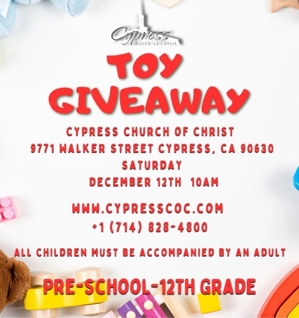 Toy giveaway event at Cypress Church of Christ for children pre-school to 12th grade.
