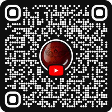 A black and white QR code with a red YouTube play button in the center.