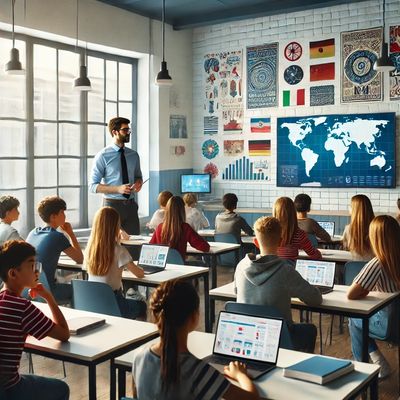 A teacher teaching in a classroom at an international school