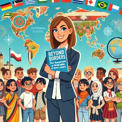 A teacher holding the guide Beyond Borders in front of a multicultural group of students