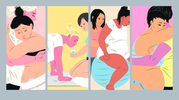 Illustrations showing different stages and support in childbirth.