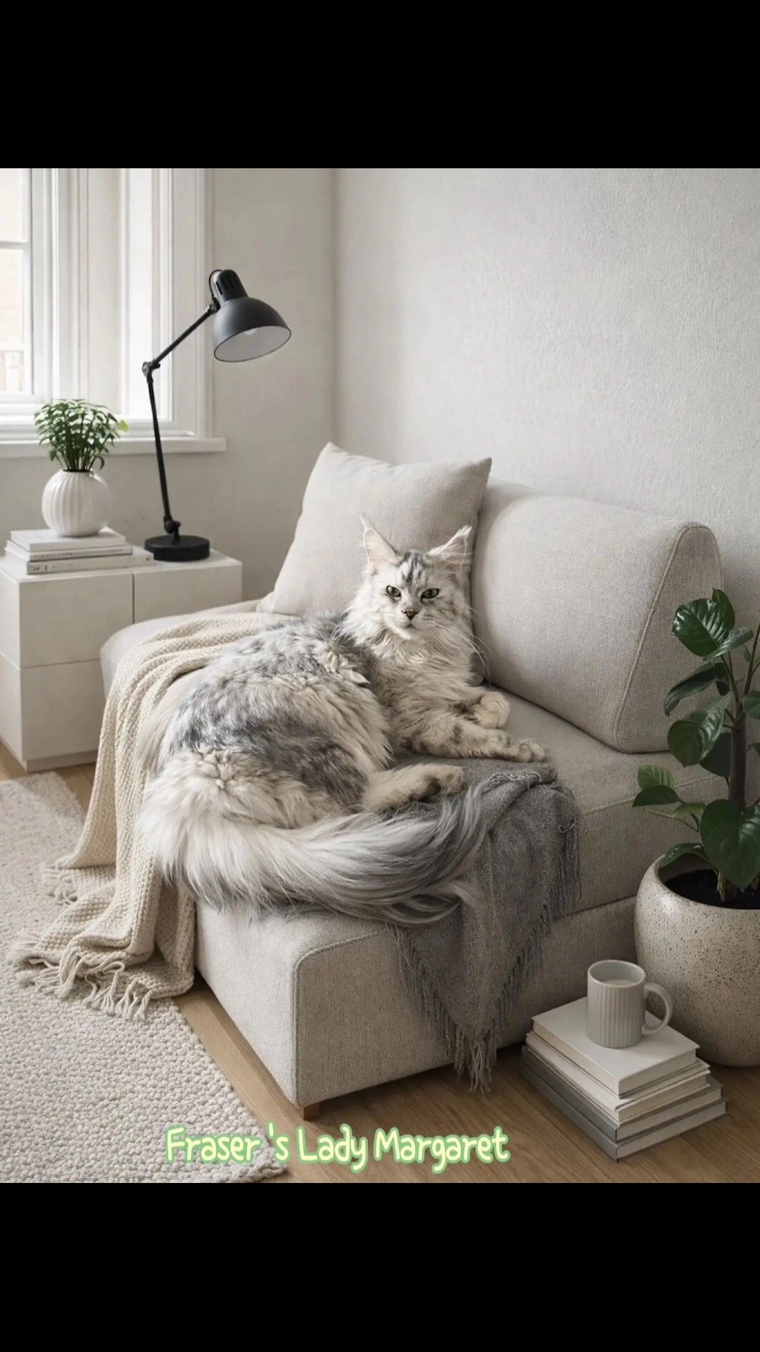 Fluffy cat relaxing on a cozy sofa in a modern living room.
