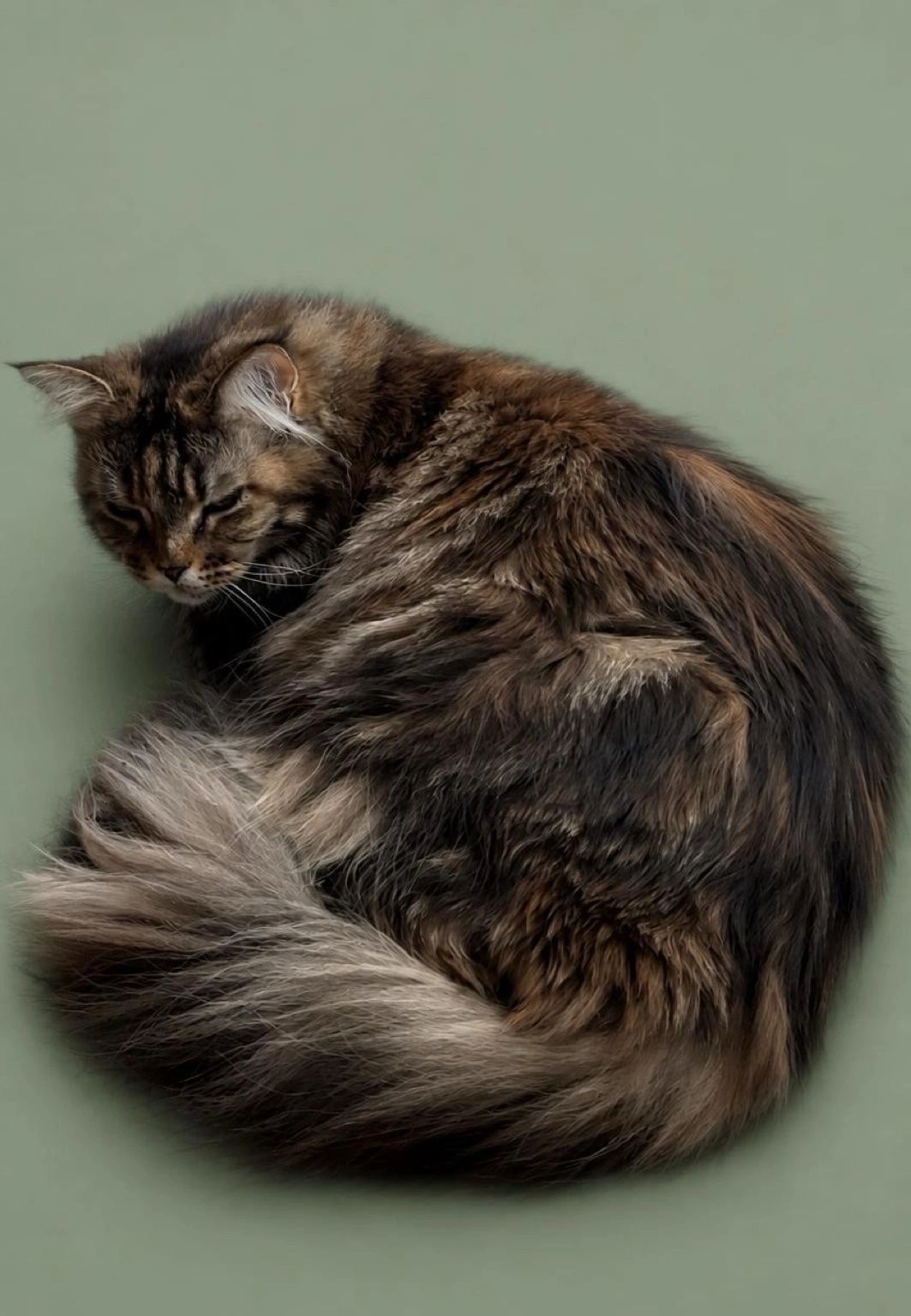 Fluffy cat curled up asleep on a green surface.
