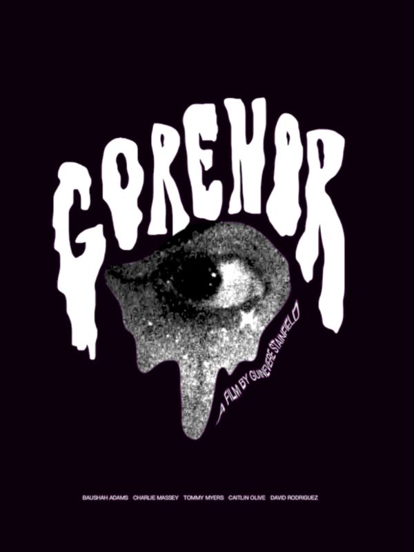 Horror movie poster with dripping text and an eerie eye.