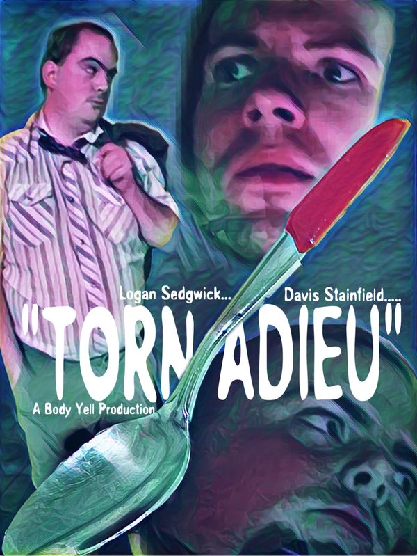 Stylized movie poster for "Torn Adieu" featuring two men and a large spoon with a red tip.