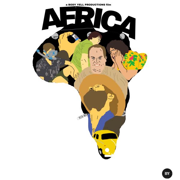Illustrated Africa map with diverse characters and elements.