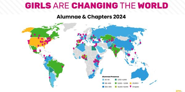 World map showing alumnae and chapters presence worldwide in 2024.
