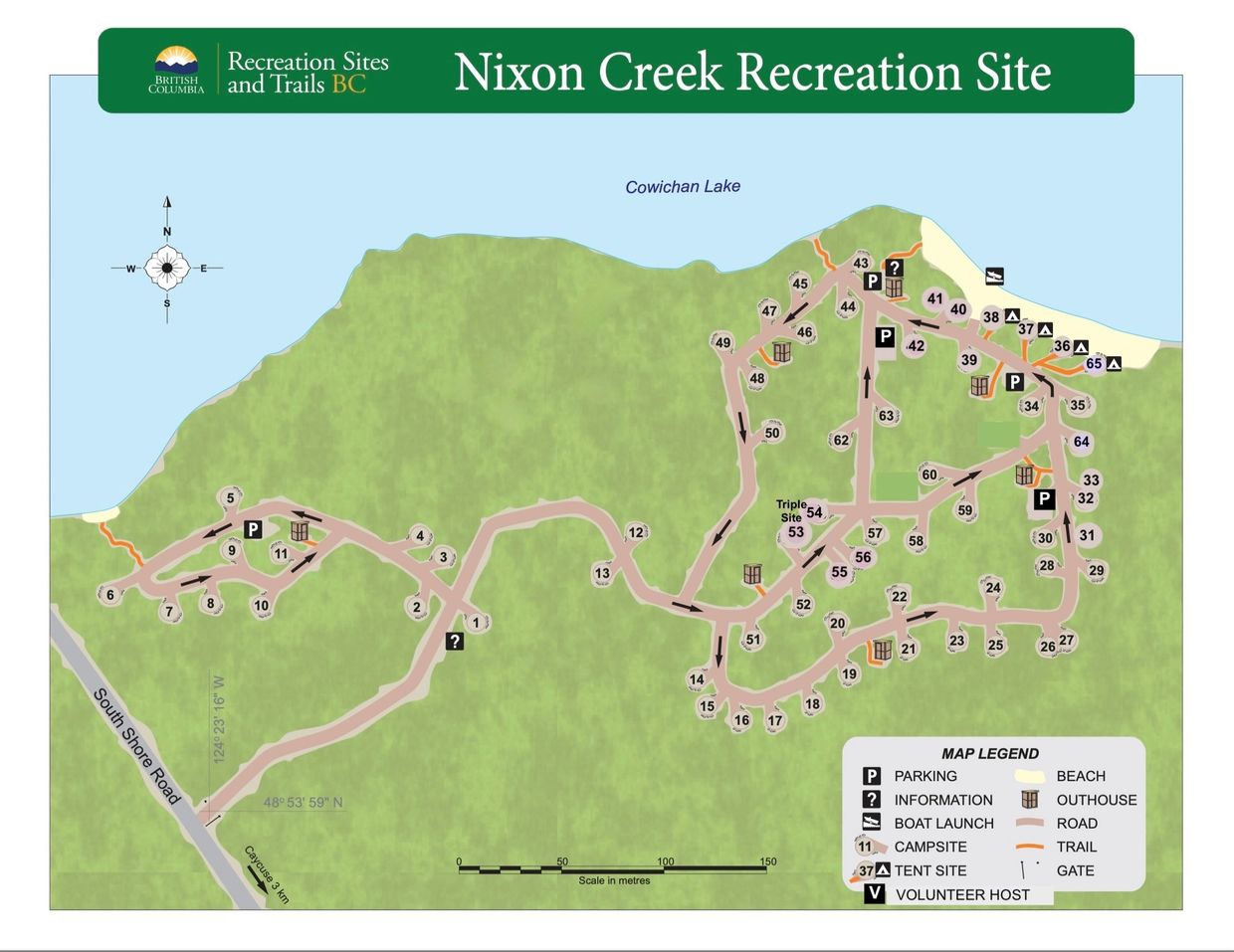 Map of Nixon Creek Recreation Site showing campsites, roads, trails, and facilities near Cowichan Lake.