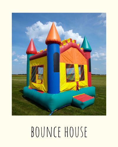 Colorful inflatable bounce house on a sunny day.