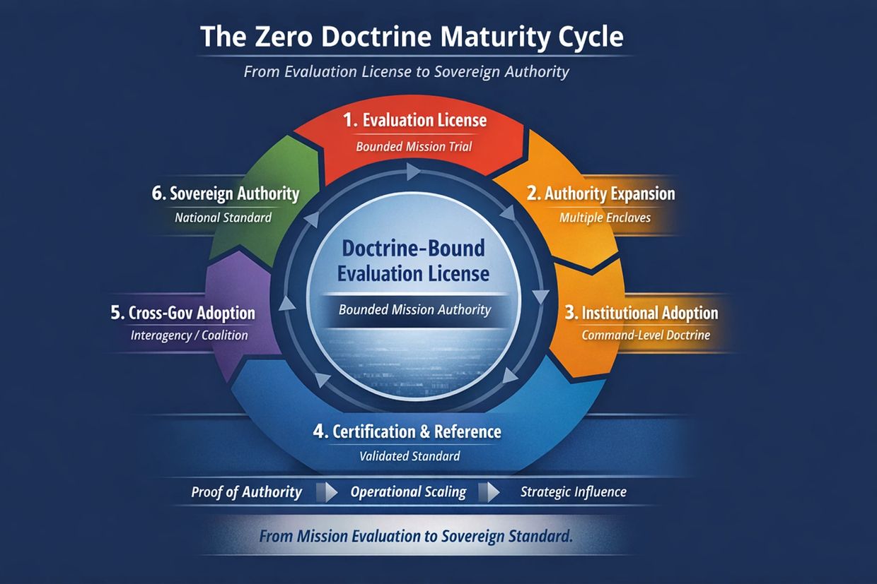 Diagram illustrating the six stages of the Zero Doctrine Maturity Cycle from evaluation to sovereign authority.