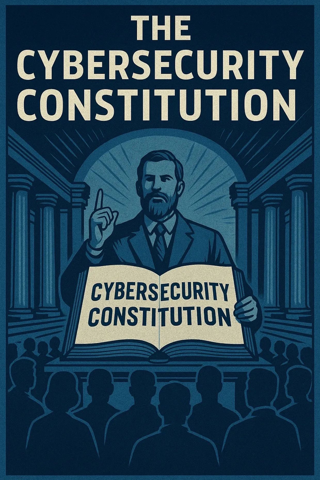 Illustration of a man presenting the Cybersecurity Constitution to an audience in a grand hall.