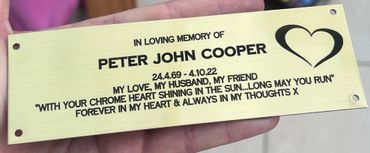 gold engraved memorial bench plaque, lacquered brass