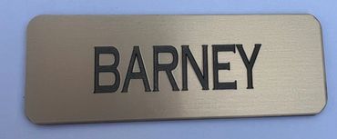 brushed gold laminate/plastic. black text. laser engraved