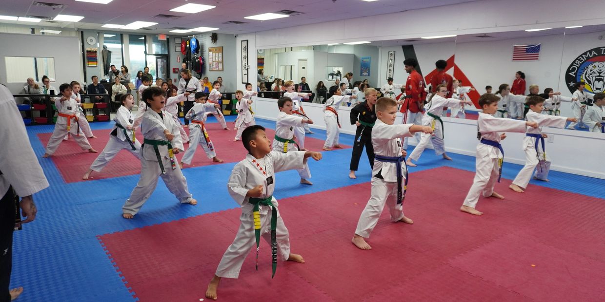 Children practicing karate in a dojo with colorful belts and attentive instructors.