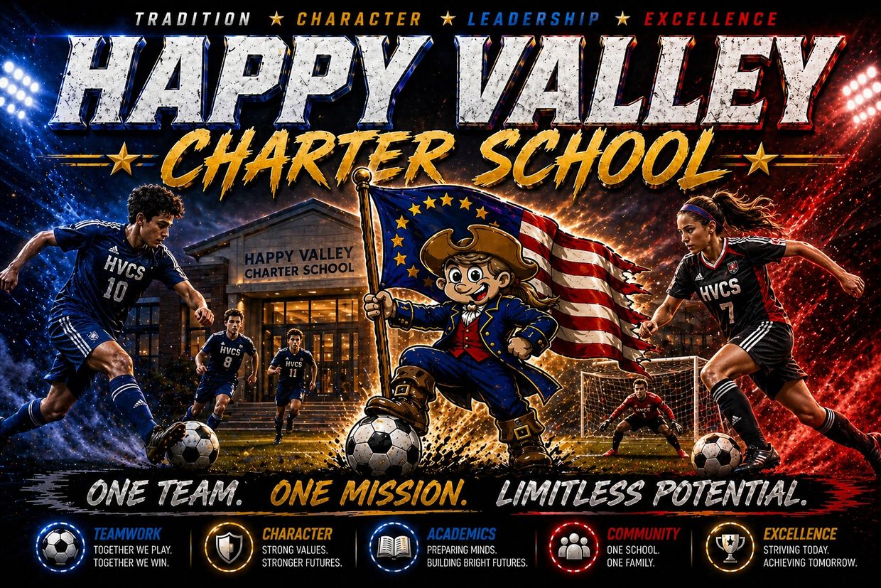 Dynamic Happy Valley Charter School soccer poster showcasing teamwork and school spirit.